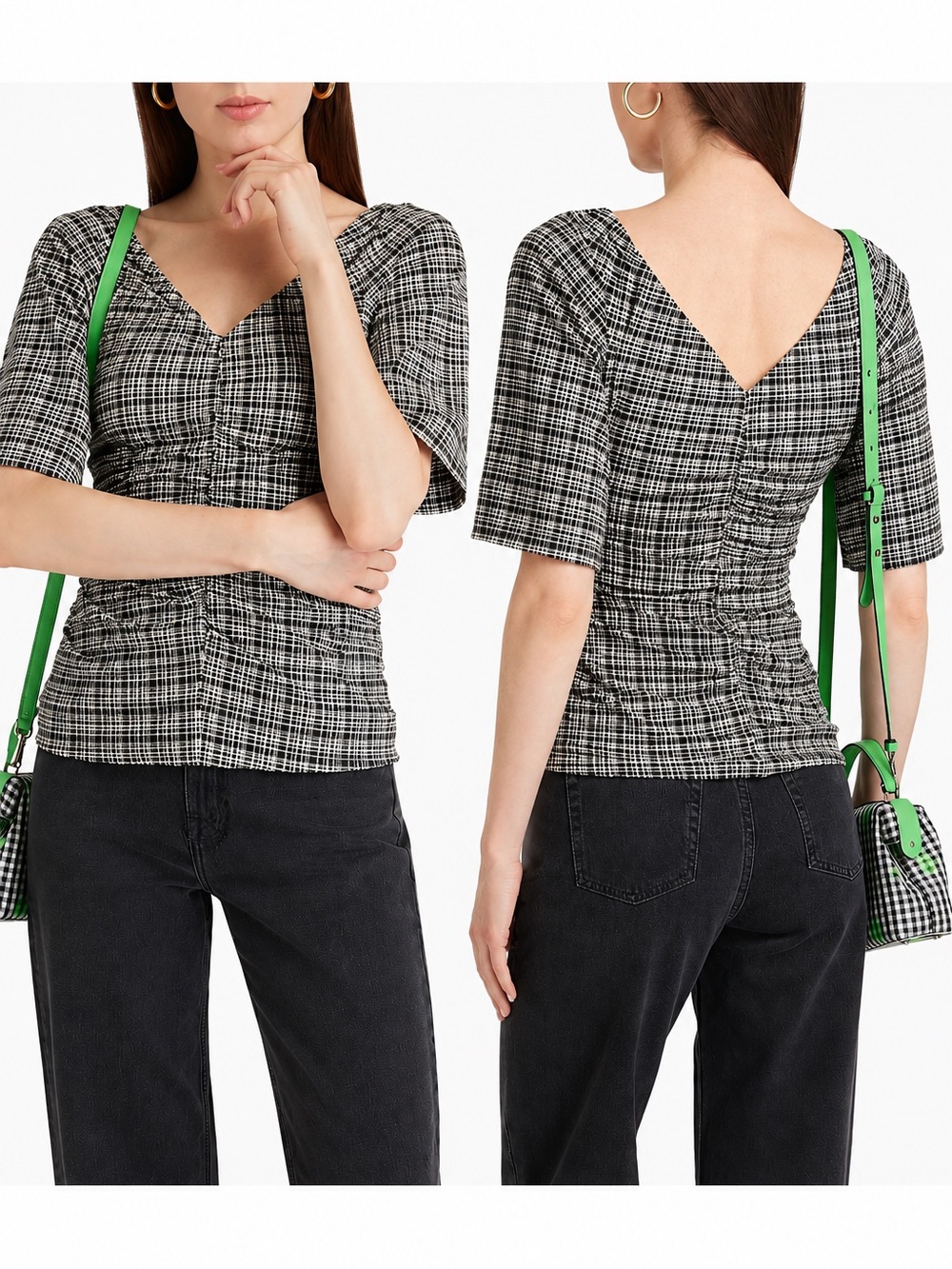 GANNI Seersucker Plaid Ruched Blouse Black Cream Size 10